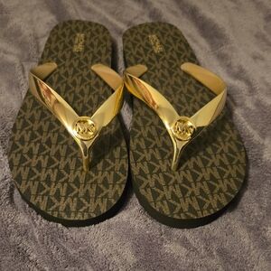 Michael Kors Brown and Gold Flip Flops